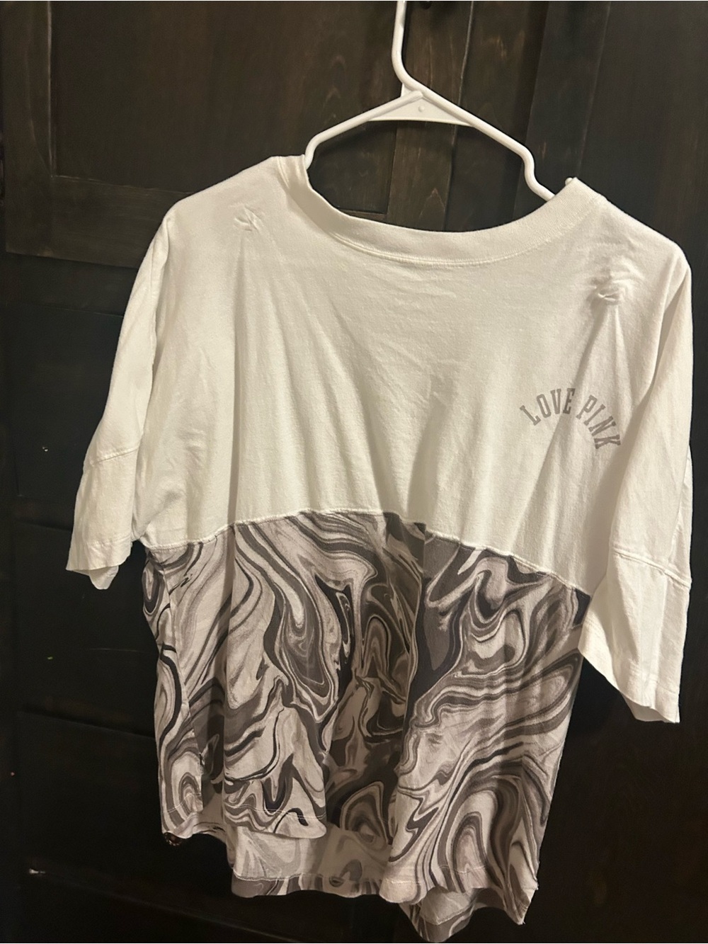PINK Victoria's Secret White Short Sleeve Top with Gray Marble Panel